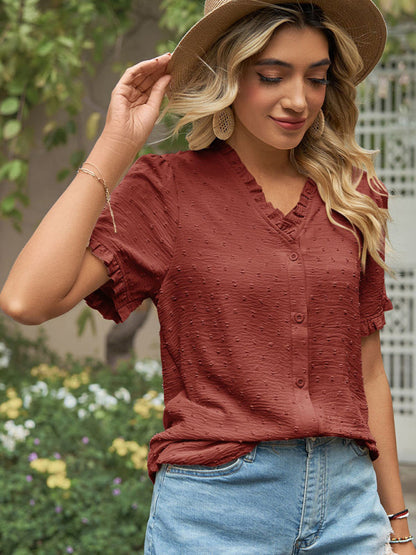 Tops- Perfect for Any Occasion: Women's Short Sleeve Top with Ruffle Details- - IndioGear Fashion and Gear