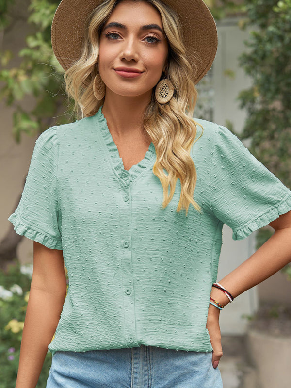 Tops- Perfect for Any Occasion: Women's Short Sleeve Top with Ruffle Details- - IndioGear Fashion and Gear