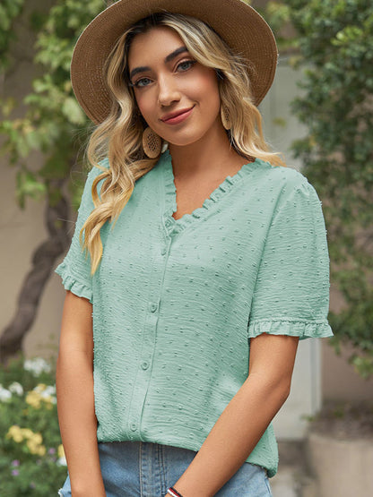 Tops- Perfect for Any Occasion: Women's Short Sleeve Top with Ruffle Details- - IndioGear Fashion and Gear