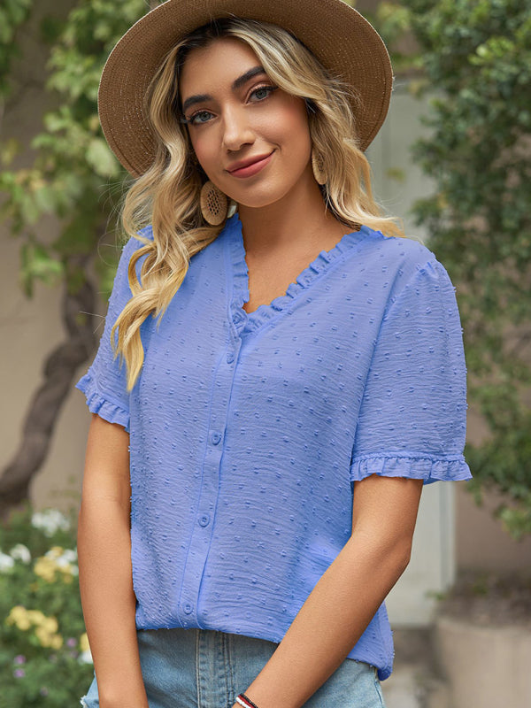 Tops- Perfect for Any Occasion: Women's Short Sleeve Top with Ruffle Details- Sky blue azure- IndioGear Fashion and Gear