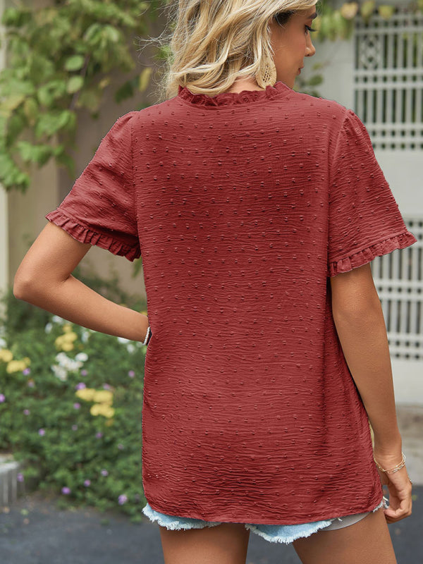 Tops- Perfect for Any Occasion: Women's Short Sleeve Top with Ruffle Details- - IndioGear Fashion and Gear