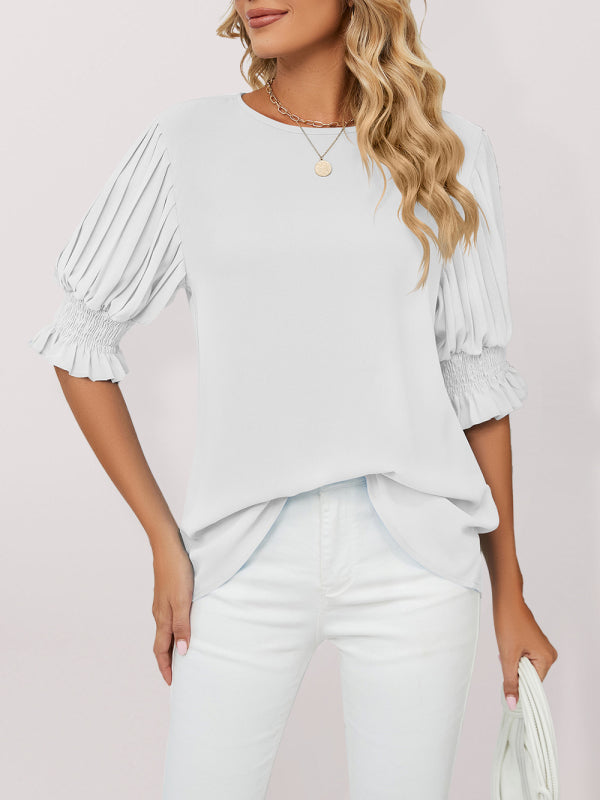 Tops- Puff Sleeve Blouse - Pleated Sleeve Top- White- IndioGear Fashion and Gear