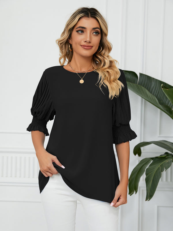 Tops- Puff Sleeve Blouse - Pleated Sleeve Top- Black- IndioGear Fashion and Gear