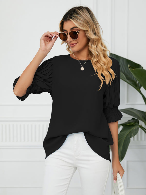 Tops- Puff Sleeve Blouse - Pleated Sleeve Top- - IndioGear Fashion and Gear