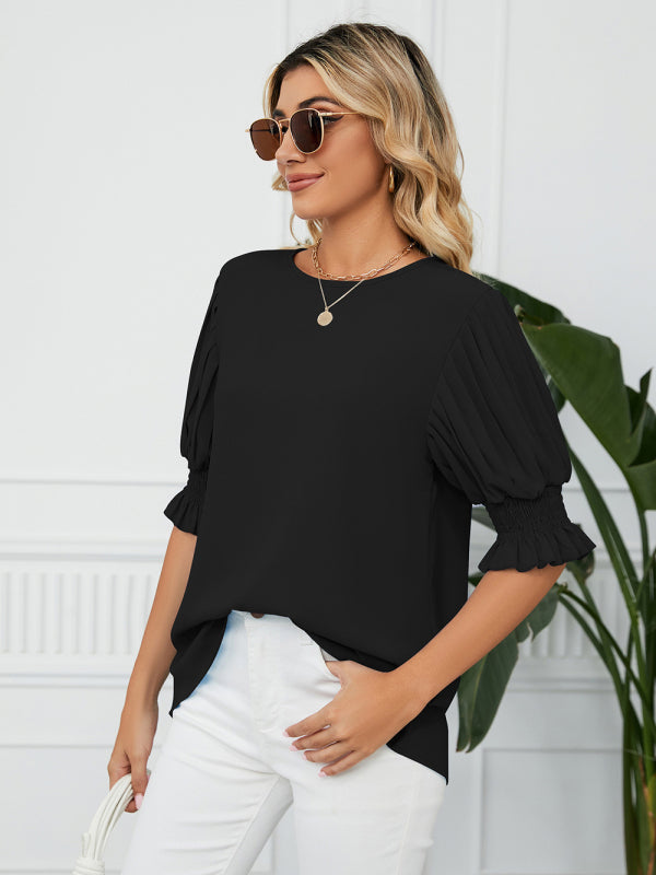 Tops- Puff Sleeve Blouse - Pleated Sleeve Top- - IndioGear Fashion and Gear