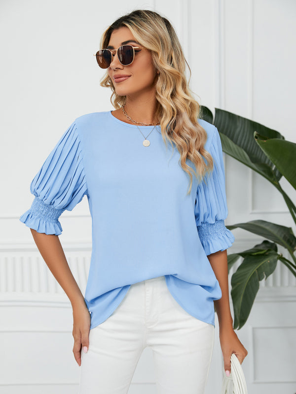 Tops- Puff Sleeve Blouse - Pleated Sleeve Top- - IndioGear Fashion and Gear