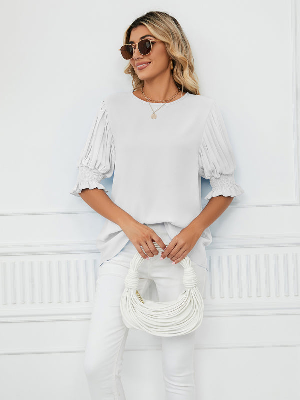 Tops- Puff Sleeve Blouse - Pleated Sleeve Top- - IndioGear Fashion and Gear