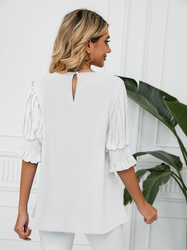 Tops- Puff Sleeve Blouse - Pleated Sleeve Top- - IndioGear Fashion and Gear