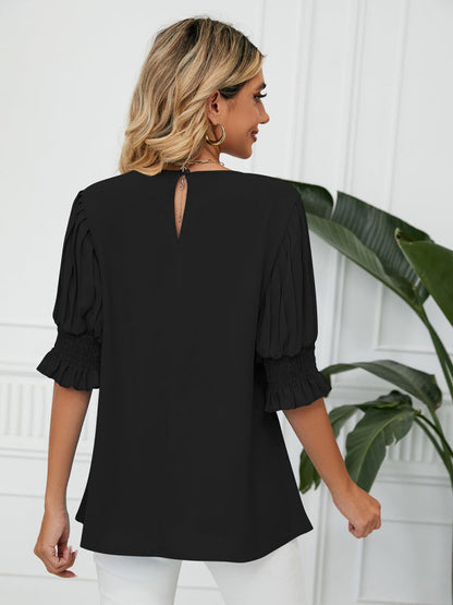 Tops- Puff Sleeve Blouse - Pleated Sleeve Top- - IndioGear Fashion and Gear