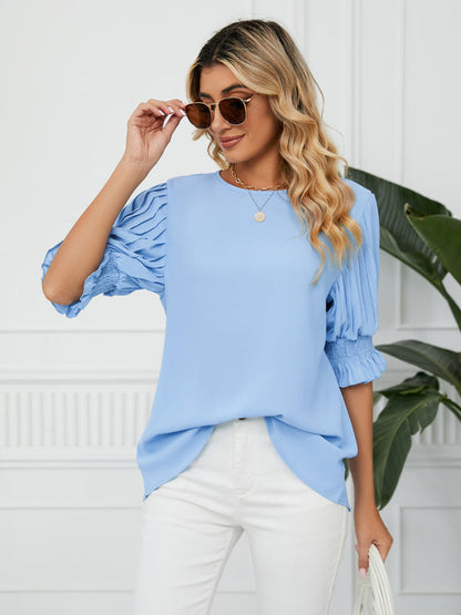 Tops- Puff Sleeve Blouse - Pleated Sleeve Top- - IndioGear Fashion and Gear