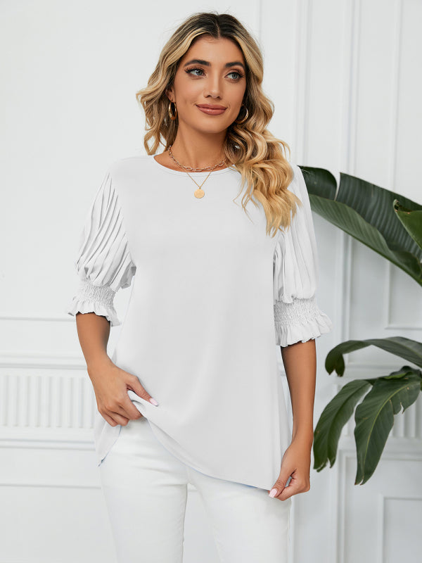 Tops- Puff Sleeve Blouse - Pleated Sleeve Top- - IndioGear Fashion and Gear