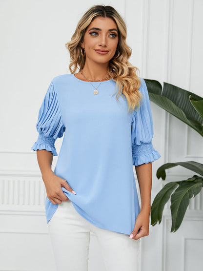 Tops- Puff Sleeve Blouse - Pleated Sleeve Top- - IndioGear Fashion and Gear