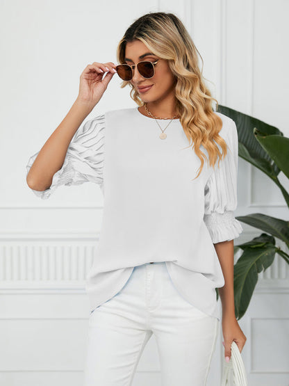 Tops- Puff Sleeve Blouse - Pleated Sleeve Top- - IndioGear Fashion and Gear