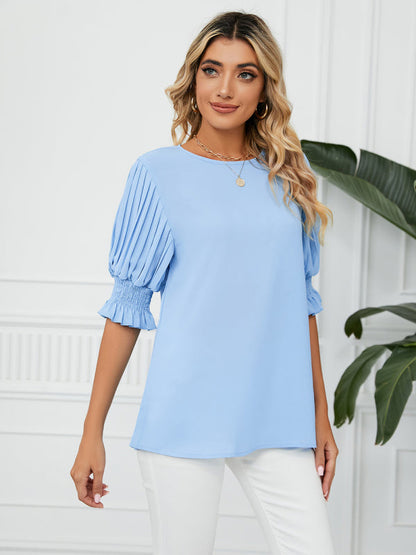 Tops- Puff Sleeve Blouse - Pleated Sleeve Top- Sky blue azure- IndioGear Fashion and Gear