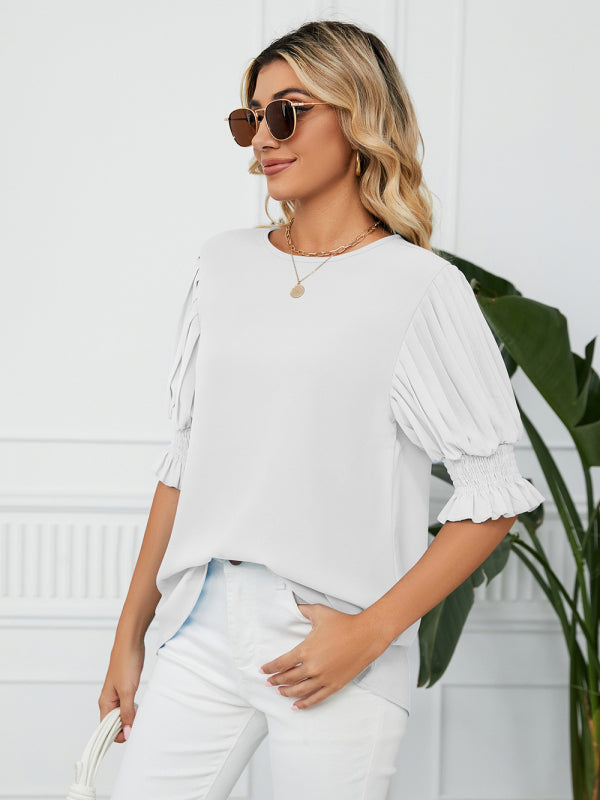 Tops- Puff Sleeve Blouse - Pleated Sleeve Top- - IndioGear Fashion and Gear