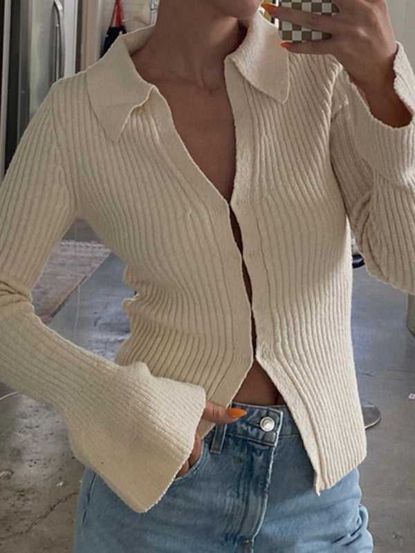 Tops- Ribbed Knitted V-Neck Long Sleeve Sweater Top- - IndioGear Fashion and Gear