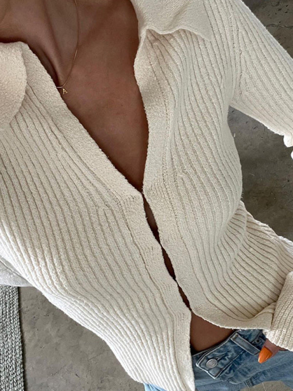 Tops- Ribbed Knitted V-Neck Long Sleeve Sweater Top- - IndioGear Fashion and Gear