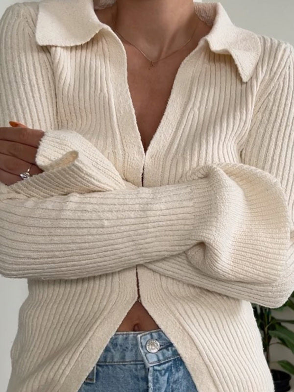 Tops- Ribbed Knitted V-Neck Long Sleeve Sweater Top- Cream- IndioGear Fashion and Gear