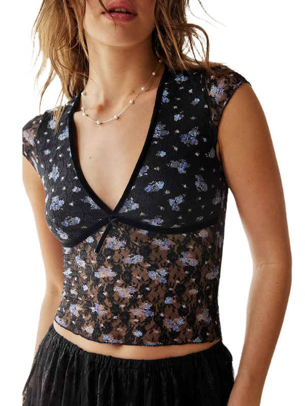 Tops-See-Through Top | Floral Lace Short Sleeve Tee with Contrast Binding-Pekosa Women Clothing