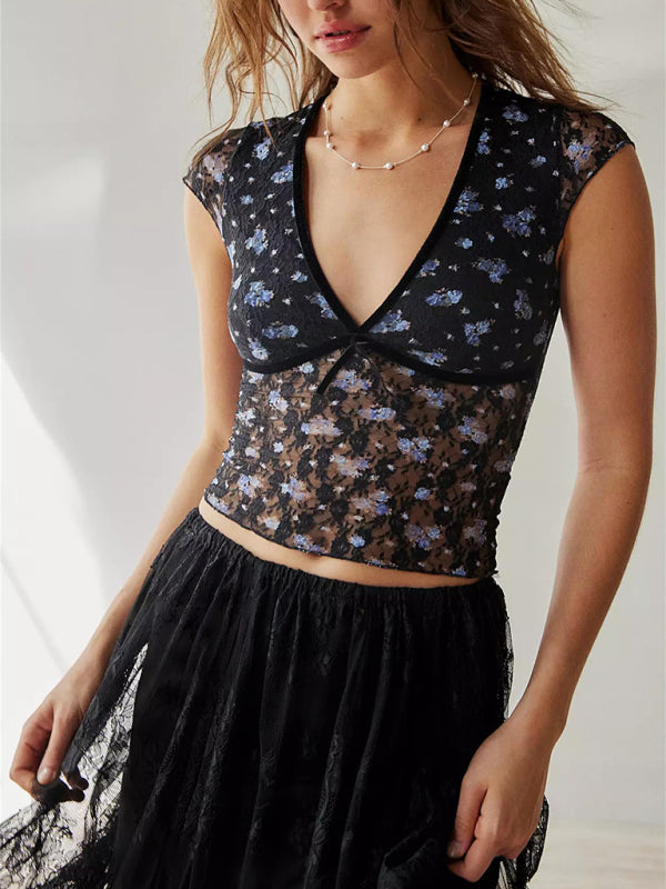 Tops-See-Through Top | Floral Lace Short Sleeve Tee with Contrast Binding-Pekosa Women Clothing