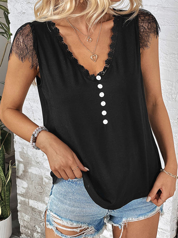 Tops-Short Sleeves V-Neck Blouse | Lace Accents & Half Button-Up Top-Pekosa Women Clothing