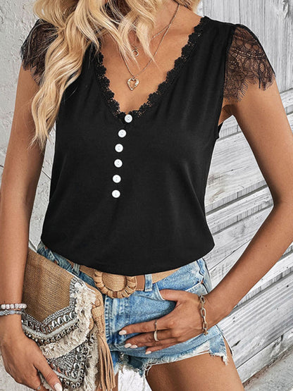 Tops-Short Sleeves V-Neck Blouse | Lace Accents & Half Button-Up Top-Pekosa Women Clothing