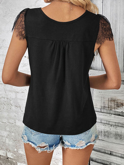 Tops-Short Sleeves V-Neck Blouse | Lace Accents & Half Button-Up Top-Pekosa Women Clothing