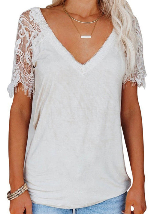 Tops- Solid Cotton V-Neck T-shirt with Lace Embroidery Sleeves- White- IndioGear Fashion and Gear