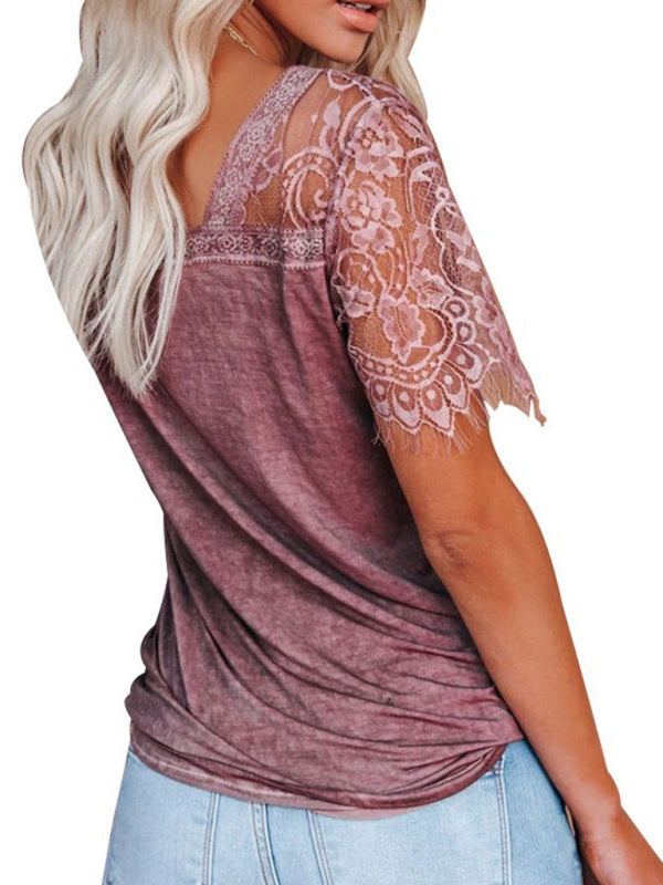 Tops- Solid Cotton V-Neck T-shirt with Lace Embroidery Sleeves- - IndioGear Fashion and Gear