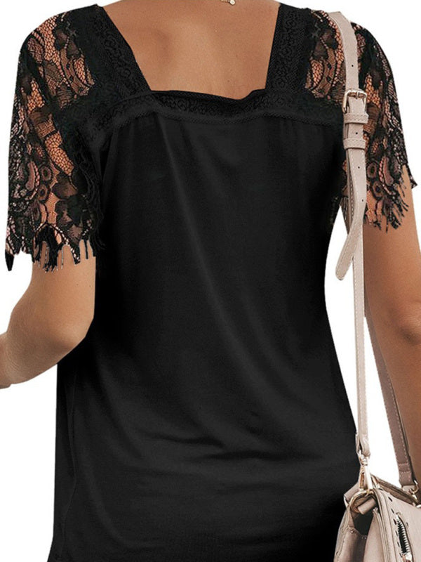 Tops- Solid Cotton V-Neck T-shirt with Lace Embroidery Sleeves- - IndioGear Fashion and Gear