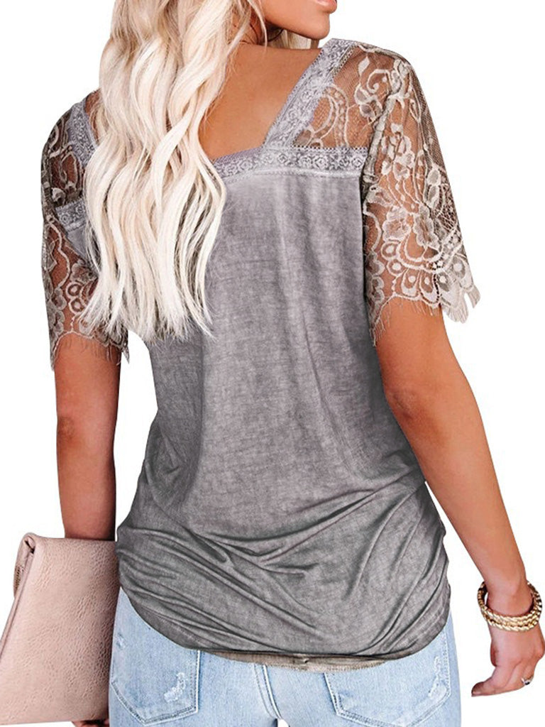 Tops- Solid Cotton V-Neck T-shirt with Lace Embroidery Sleeves- - IndioGear Fashion and Gear