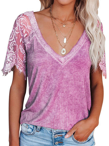 Tops- Solid Cotton V-Neck T-shirt with Lace Embroidery Sleeves- Pink- IndioGear Fashion and Gear