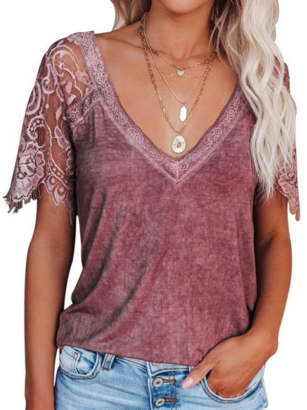 Tops- Solid Cotton V-Neck T-shirt with Lace Embroidery Sleeves- - IndioGear Fashion and Gear