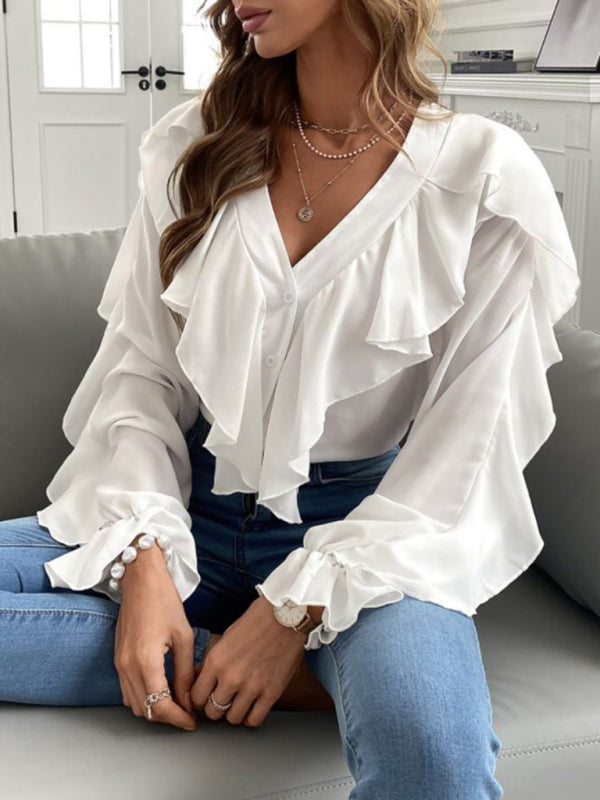 Tops- Solid Long Sleeves Cascade Ruffle V-Neck Top Blouse- - IndioGear Fashion and Gear