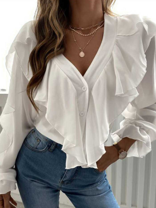 Tops- Solid Long Sleeves Cascade Ruffle V-Neck Top Blouse- - IndioGear Fashion and Gear