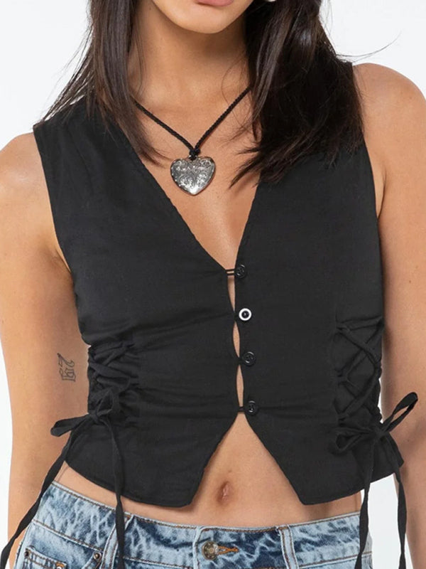 Tops-Solid Sleeveless Lace-Up Crop Top | Button-Up Vest-Pekosa Women Clothing