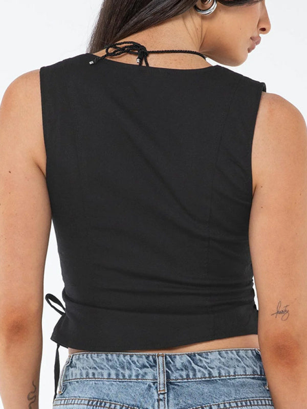 Tops-Solid Sleeveless Lace-Up Crop Top | Button-Up Vest-Pekosa Women Clothing