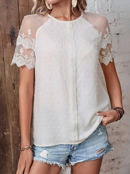 Tops- Solid Swiss Dot Lace Short Sleeve Blouse- - IndioGear Fashion and Gear