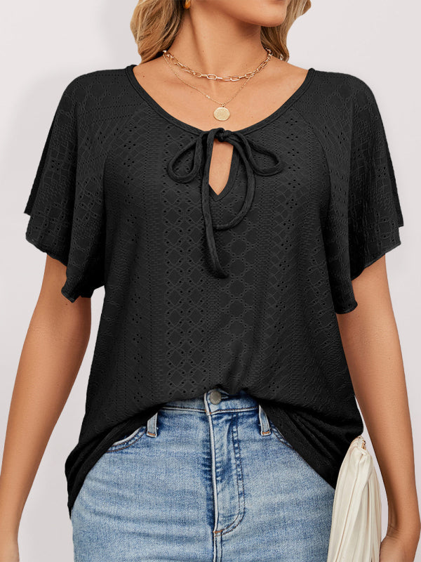 Tops- Stay Cool and Chic with Our Women's Flutter-Sleeve Blouse- Black- IndioGear Fashion and Gear