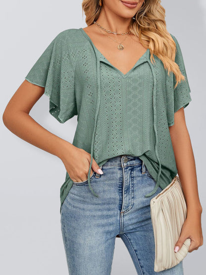 Tops- Stay Cool and Chic with Our Women's Flutter-Sleeve Blouse- Green- IndioGear Fashion and Gear