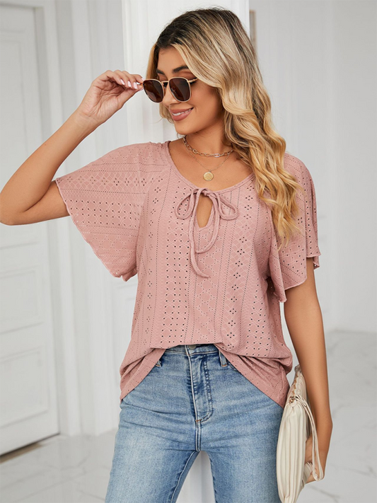 Tops- Stay Cool and Chic with Our Women's Flutter-Sleeve Blouse- Pink- IndioGear Fashion and Gear