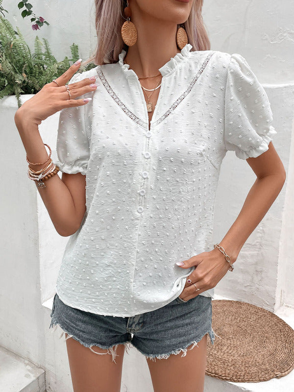 Tops- Swiss Dot Button Ruffle V-Neck Short Sleeve Blouse- White- IndioGear Fashion and Gear