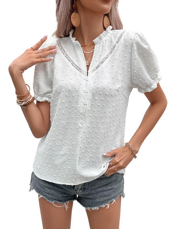 Tops- Swiss Dot Button Ruffle V-Neck Short Sleeve Blouse- - IndioGear Fashion and Gear