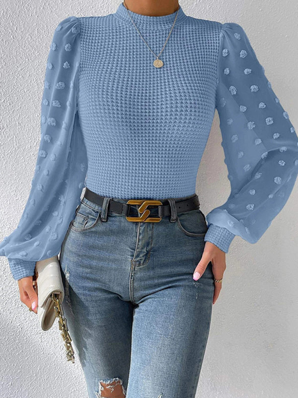 Tops- Textured Fitted Top with Long Bishop Sleeve and Swiss Dot Accents- Sky blue azure- IndioGear Clothing and Gear