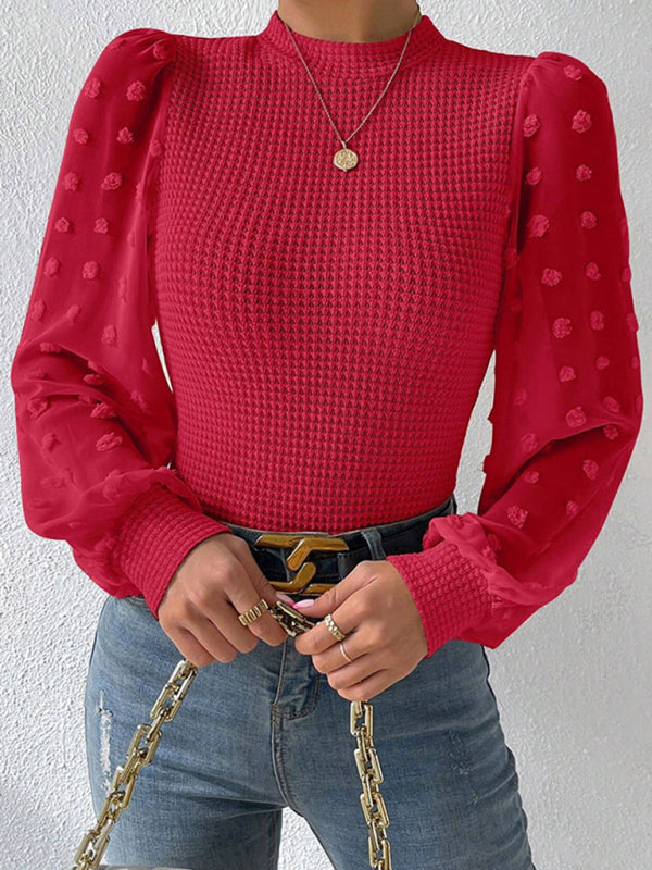 Tops- Textured Fitted Top with Long Bishop Sleeve and Swiss Dot Accents- - IndioGear Clothing and Gear