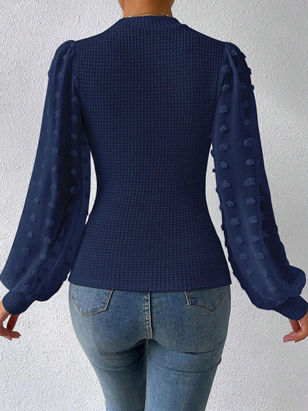 Tops- Textured Fitted Top with Long Bishop Sleeve and Swiss Dot Accents- - IndioGear Clothing and Gear