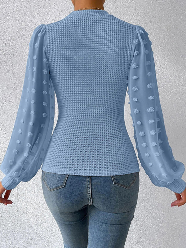 Tops- Textured Fitted Top with Long Bishop Sleeve and Swiss Dot Accents- - IndioGear Clothing and Gear