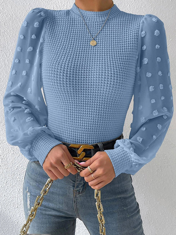 Tops- Textured Fitted Top with Long Bishop Sleeve and Swiss Dot Accents- - IndioGear Clothing and Gear