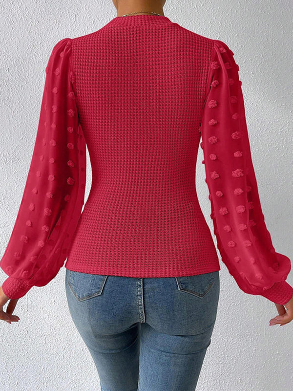 Tops- Textured Fitted Top with Long Bishop Sleeve and Swiss Dot Accents- - IndioGear Clothing and Gear