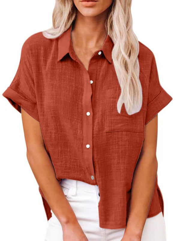 Tops- Textured Pocketed Button-Front Short Sleeve Shirt- Orange- IndioGear Fashion and Gear